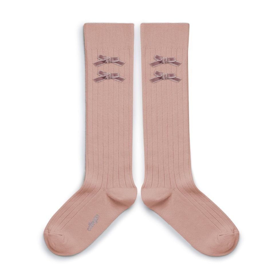 Hortense - Ribbed Knee-high Socks with Velvel Bows - Vieux Rose