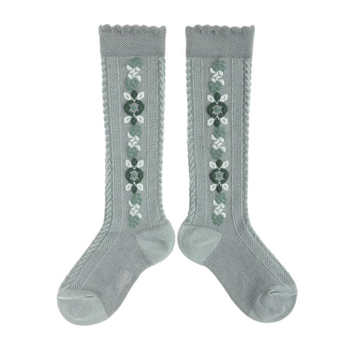 Dalia-Jacquard Flower Knee-high Socks - Aigue Marine