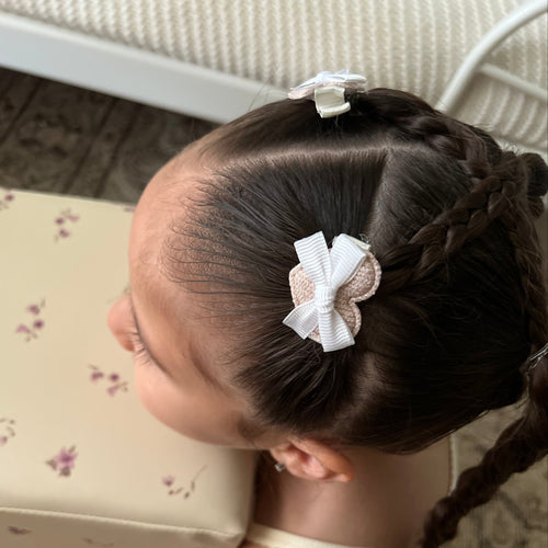 Pigtail Clips | Bow Hearts - Creme