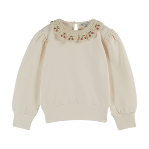 ORGANIC COTTON SWEATER WITH CREAM EMBROIDERED COLLAR - CREME