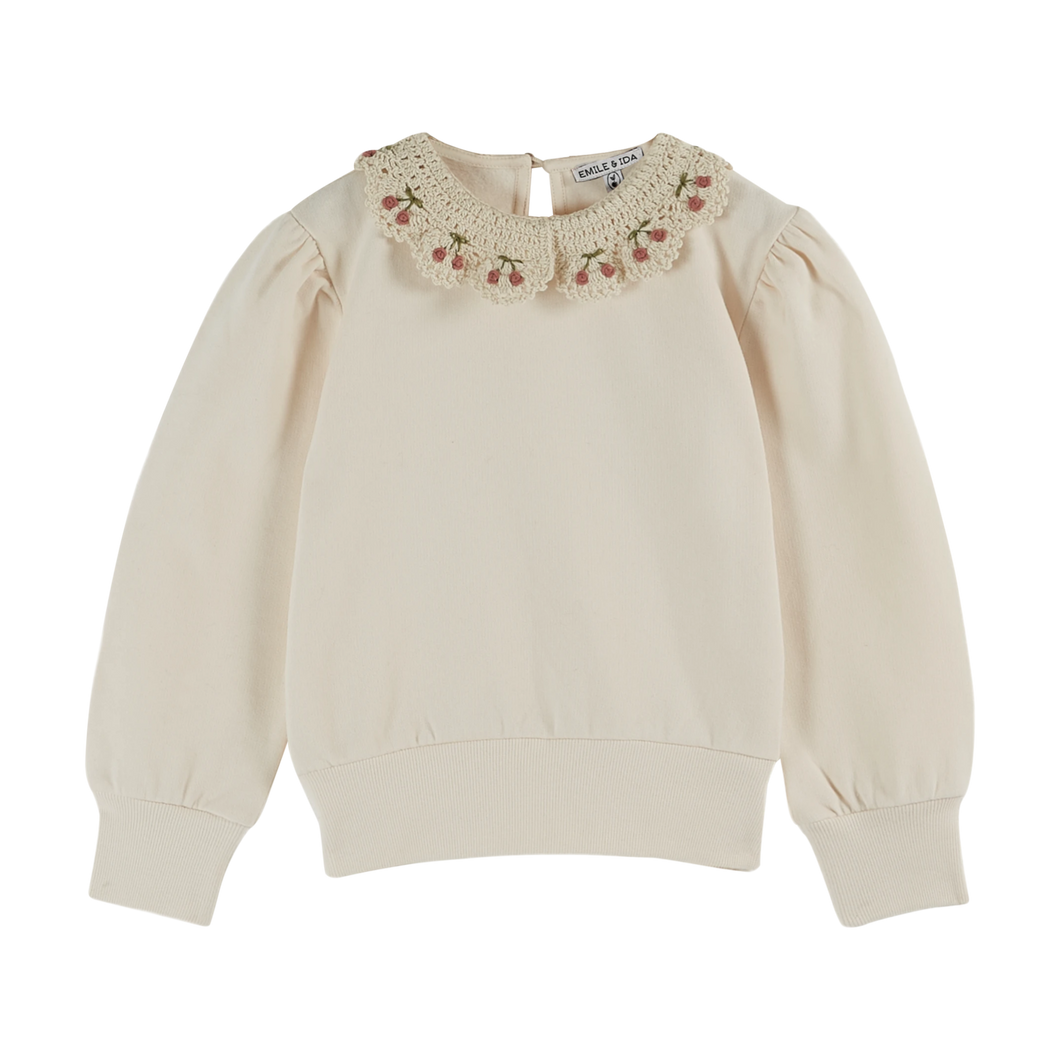 ORGANIC COTTON SWEATER WITH CREAM EMBROIDERED COLLAR - CREME