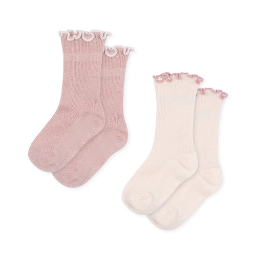 2 pack rib frill socks - rose/off white